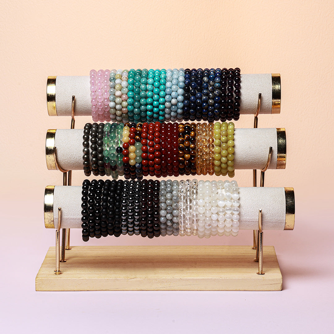 All crystal bracelets displayed together to highlight their beauty & variety.