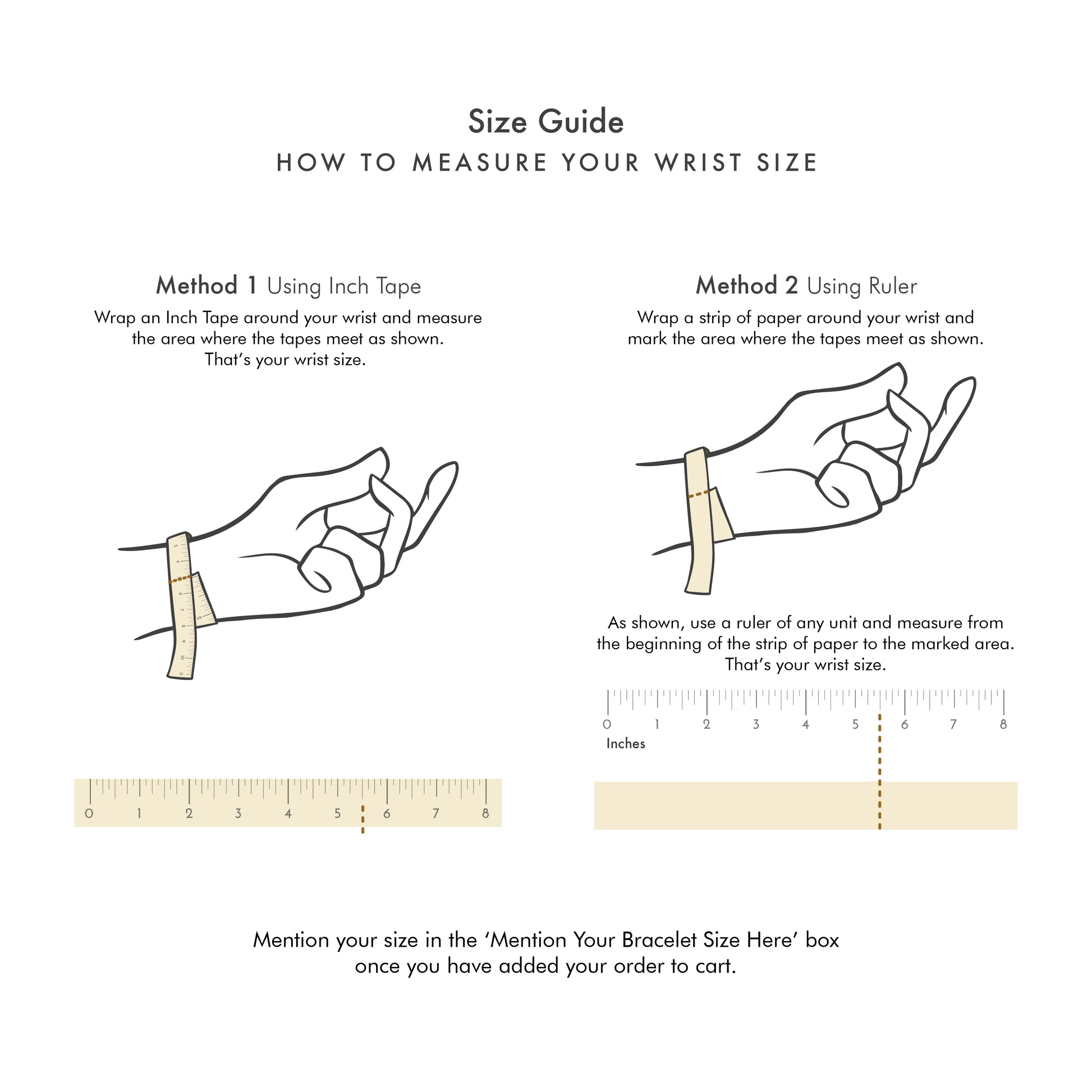 Wrist measuring guide for selecting the right bracelet fit.