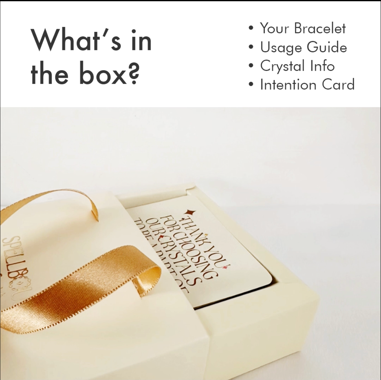 Detailed view of what’s included in the SpellBound bracelet box.